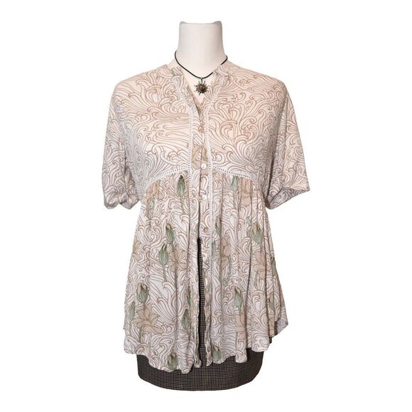 Anthropologie Aemi + Kin Boho Floral Button Front Blouse S Art Nouveau Peasant - Picture 1 of 7